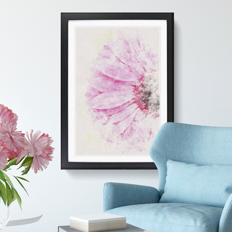 Beauty Of A Pink Gerbera Flower Watercolour - Picture Frame Graphic Art, Black Framed, 33cm H x 24cm W x 2cm D