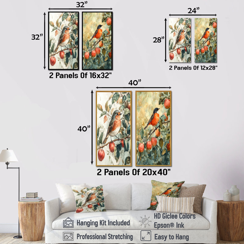 Robin des bois dans le verger I - animaux, art sur toile 2 panneaux, H 32 po x l 33 po, Cadre flottant blanc