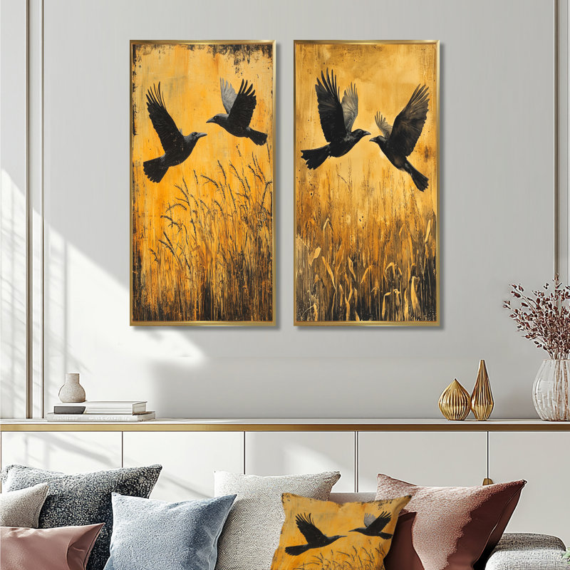 «Dark Crows In The Cornfield I», art mural 2 pièces, H 40 po x l 41 po, Cadre flottant doré
