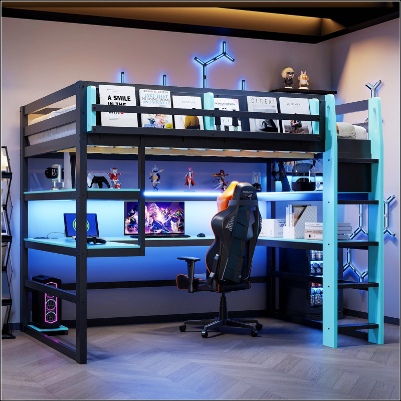Lit mezzanine double en bois avec bureau, rangement latéral, multi-tablettes et lumière RVB, bleu nuage