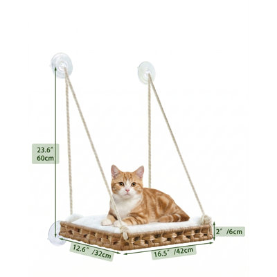 Large Handwoven PE Rattan Cat Window Perch Hammock Bed for Indoor Cats, 4 Suction Cups, Double-Sided Washable Cushion Bed, 2.3" Fence Shelf, for Pet Kittens, Natural