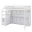 Lit mezzanine double surélevé avec marches de rangement et lit escamotable standard, éclairé par des lumières DEL