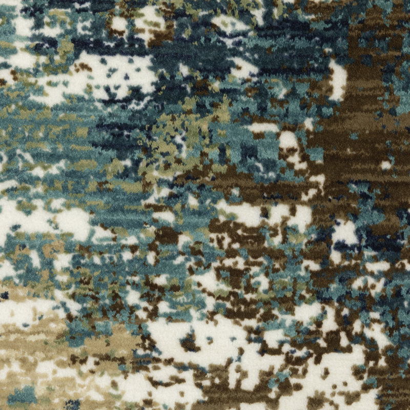 Tapis abstrait rayé bleu / vert Rayan Distresse, Rectangle 9 pi 10 po x 12 pi 10 po
