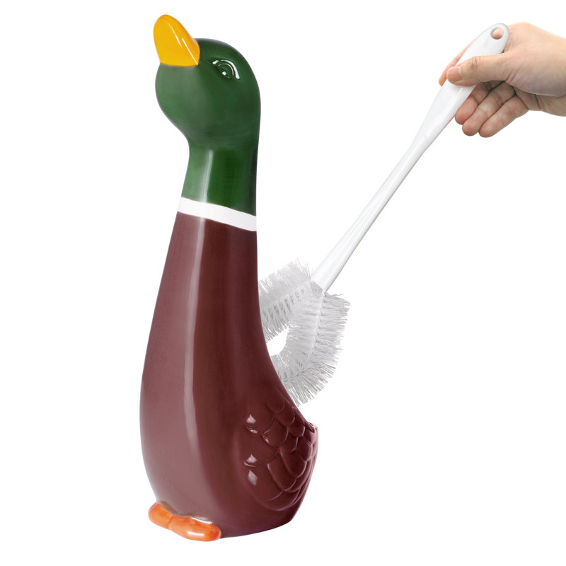 Whimsical Ceramic Mallard Duck Toilet Brush Holder Set