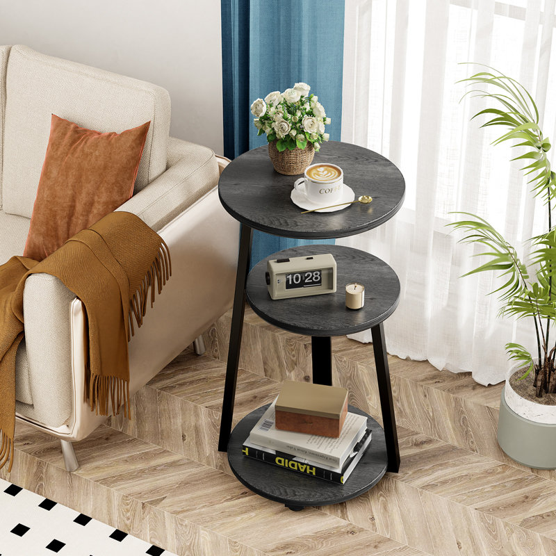 Table de bout ronde avec tablettes à 3 niveaux Vernestine, Noir, Gris