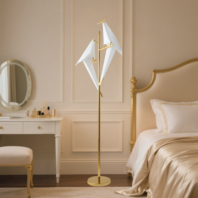 Modern Led Origami Crane Floor Lamp With Stand, 2 Bird-inspired Pp Shades, For Living Room Or Bedroom (69" Tall), Gold
