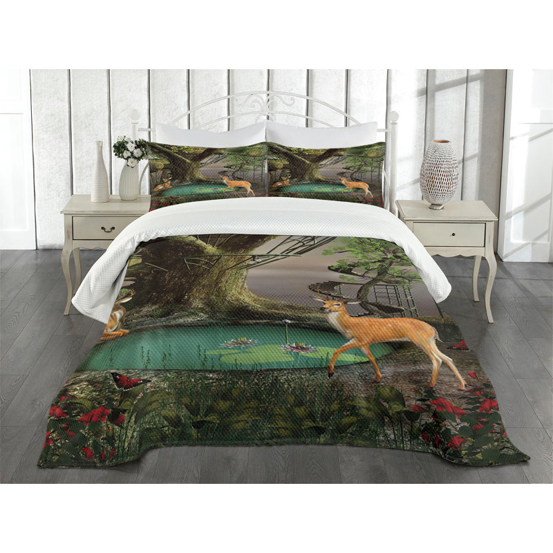 Ambesonne Nature Bedspread Abstract Deer and, King Bedspread + 2 Standard Shams