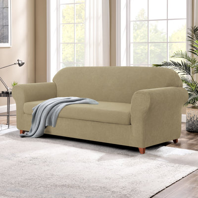 2 Piece Jacquard Sofa Cover, Polyester Spandex Stretch Couch Slipcover for Living Room, Easy Install & Washable Furniture Protection (LoveSeat, Sand)