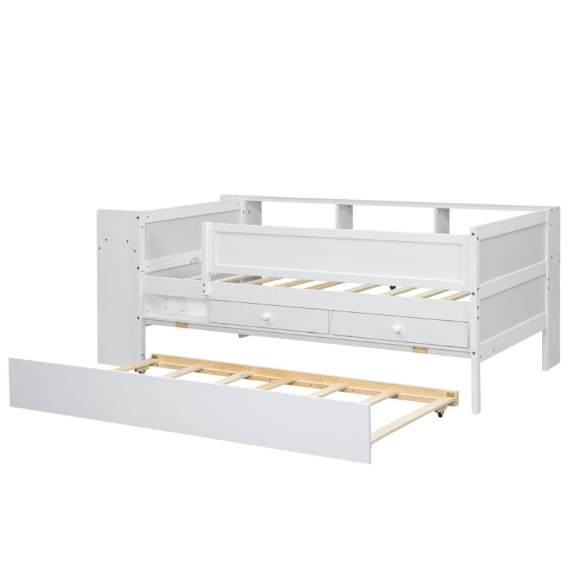 Lit de jour simple multifonctionnel - tiroirs et lit gigogne, rangement pour tête de lit, chargement USB, tables d'appoint