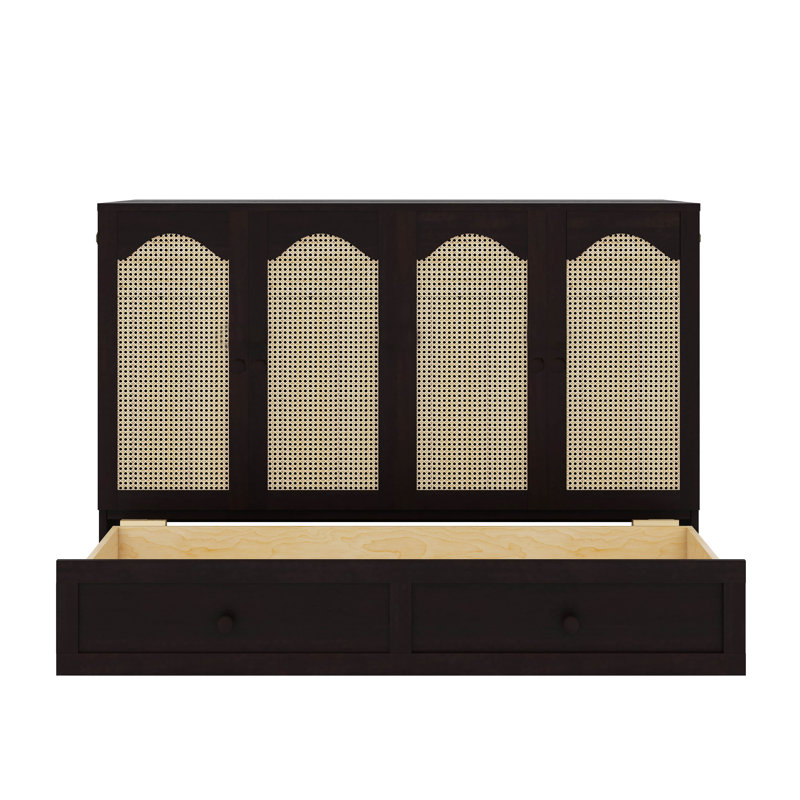 Armoire lit escamotable sophistiquée pour grand lit avec station de charge et grand tiroir de rangement, Espresso