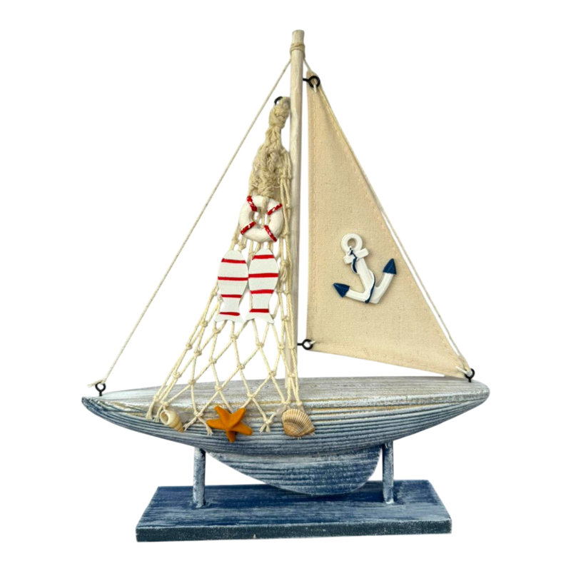 Figurine voilier en bois avec des filets de pêche et ancre, H 11 po x l 2,2 po x P 9,4 po, Blanc-bleu