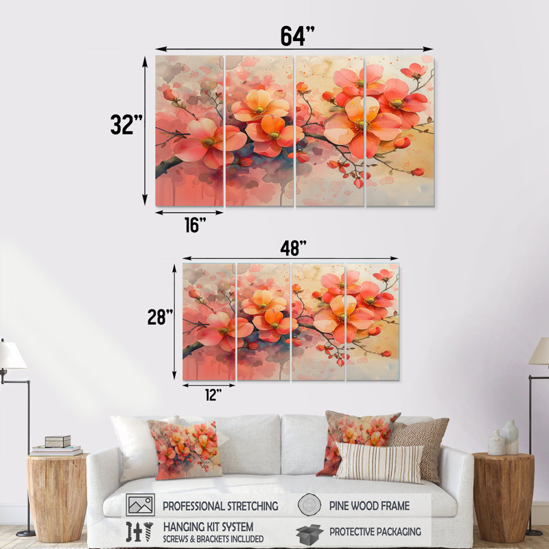 Rose et beige Summer Breeze Dogwood I - ensemble d'art mural cornouiller, H 32 po x l 64 po