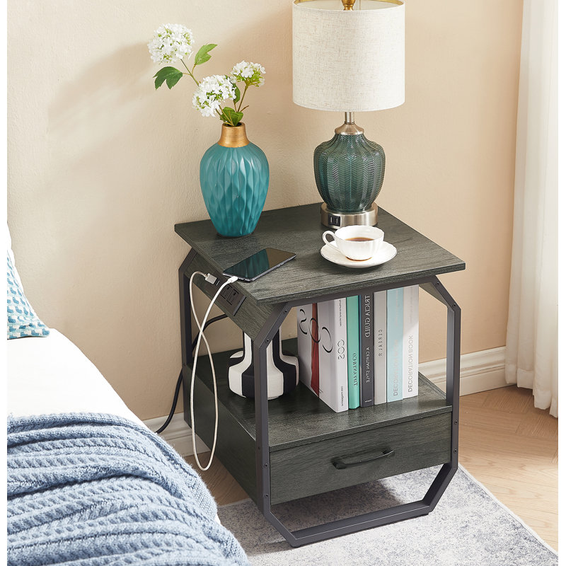 Table de chevet en acier inoxydable à 1 tiroir Hakam, gris