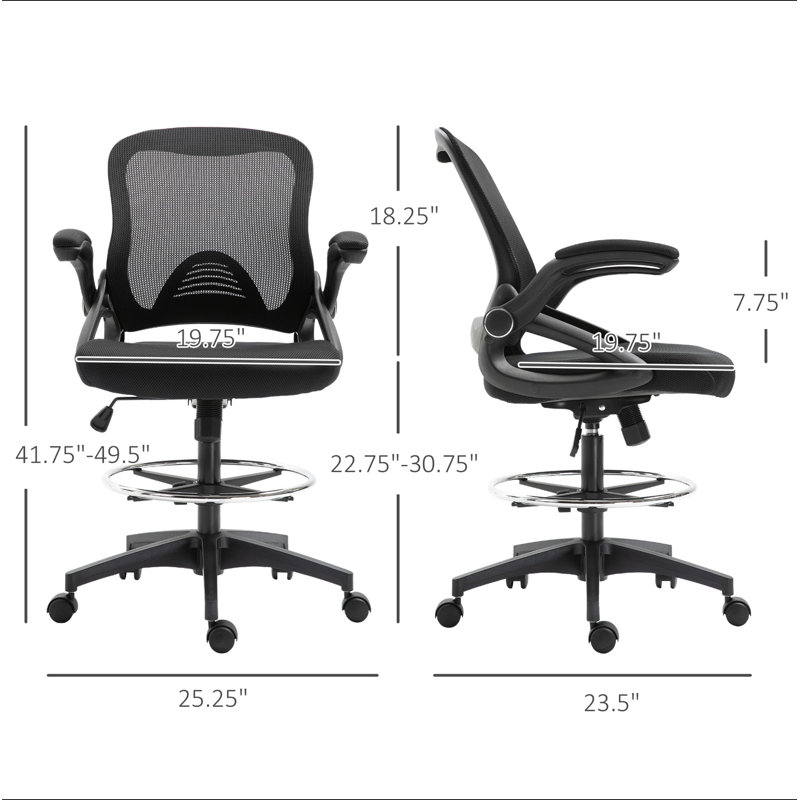 Mesh Drafting Chair, Tall Office Chair With Lumbar Support, Flip-Up Armrests, Footrest Ring And Adjustable Seat Height