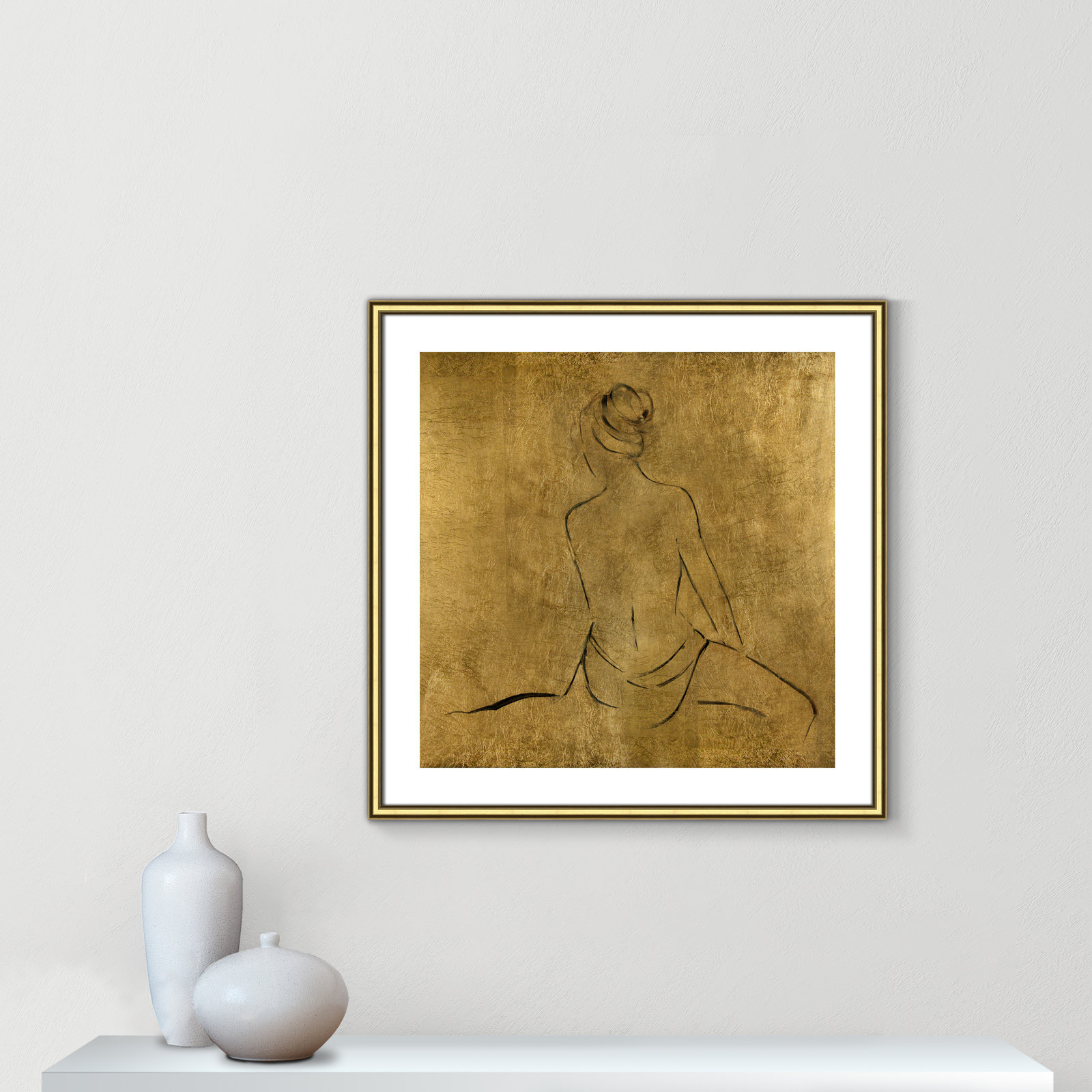 Maia "Golden Bather II" Print by Sally Swatland, 28.75" H x 28.75" W x 0.88" D, Gold Framed Paper