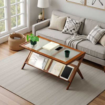 Boho Chic Rattan Coffee Table – Mid-Century Modern Centerpiece with Tempered Glass Top & Storage by Bay Isle Home