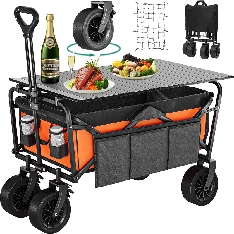 Chariot de plage pliable robuste, chariot de jardin pliable et pliable avec de grandes roues tout-terrain, Orange