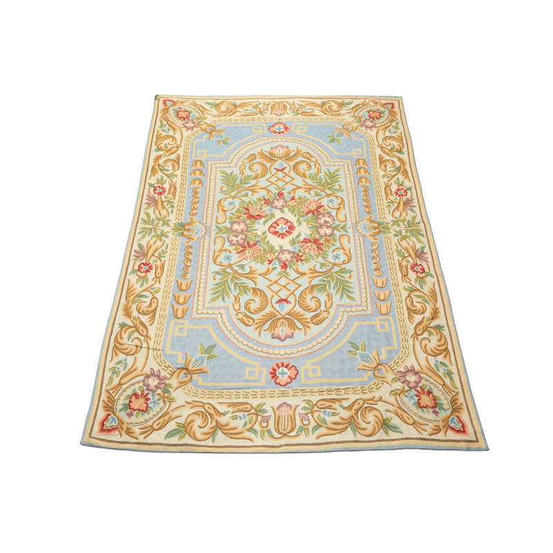 Tapis floral turquoise en laine tissé à la main 6 x 9 po