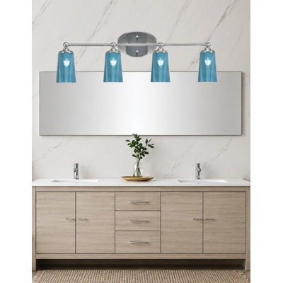 Barre d'éclairage de salle de bain 4 lumières Capri, fini nickel brossé avec verre dégradé bleu l 4,5 po x H 6,5 po