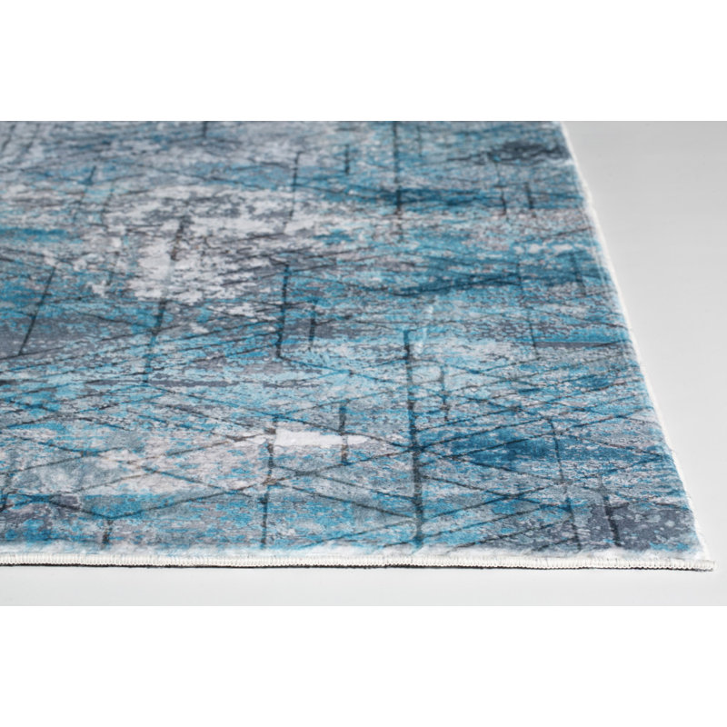 Tapis bleu-gris à motif abstrait cubique moderne, Rectangle 5' x 7'