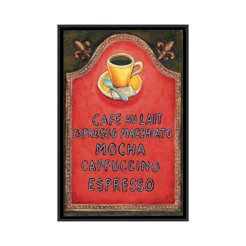 «Cafe», art textuel sur toile tendue, H 26 po x l 18 po x P 1,5 po, Toile encadrée noire, Pas de tapis
