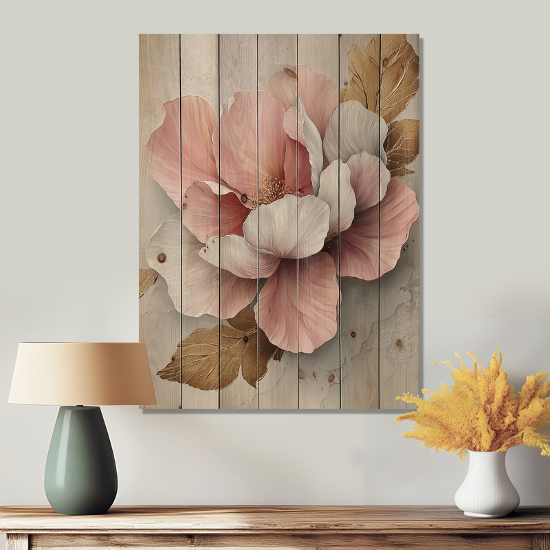 White And Pink Marble Peonies Elegance II - Peonies Wood Wall Decor - On Natural Pine Wood, 40" H x 30" W x 0.78" D
