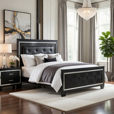 Lura Full Bed, LED Headboard, Embossed Panels, Tufted Black Faux Leather