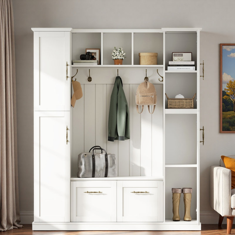 Farmhouse Elegant Hall Tree With 4 Side Cabinets, Open Compartments, Bottom Cabinets, Sturdy Hooks And Bench, White