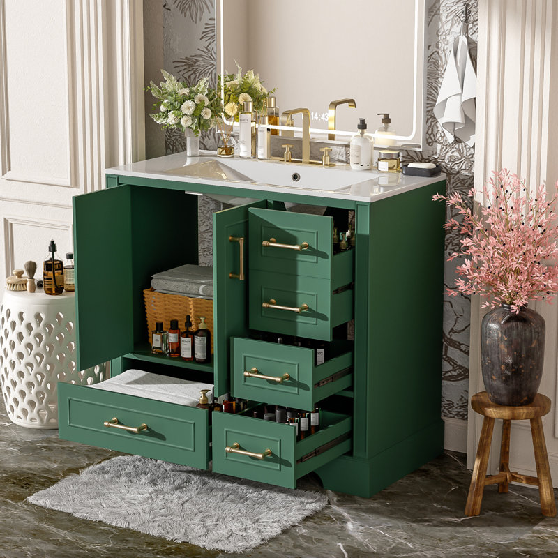 Meuble-lavabo traditionnel 36 "avec lavabo en céramique, Vert, Doré