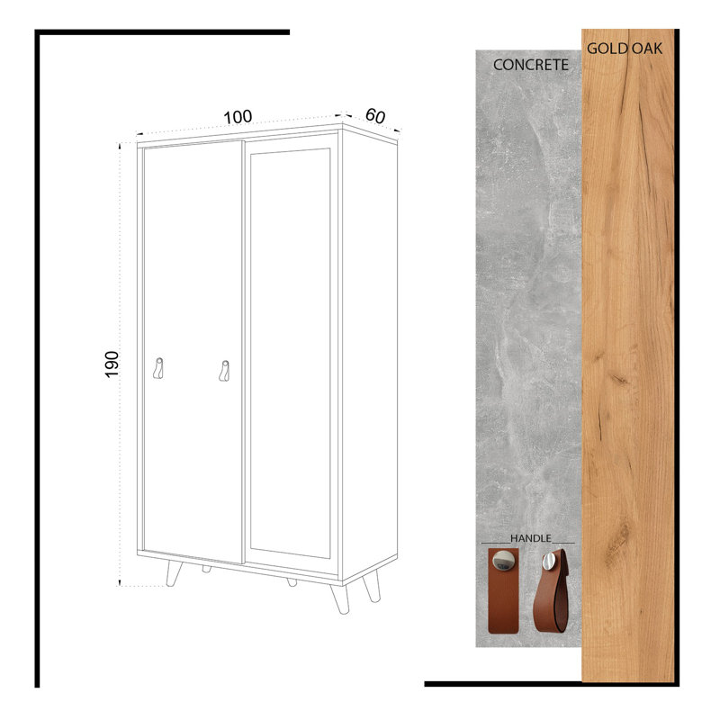 Jefferson 2 Door Manufactured Wood Wardrobe, Oak Concrete
