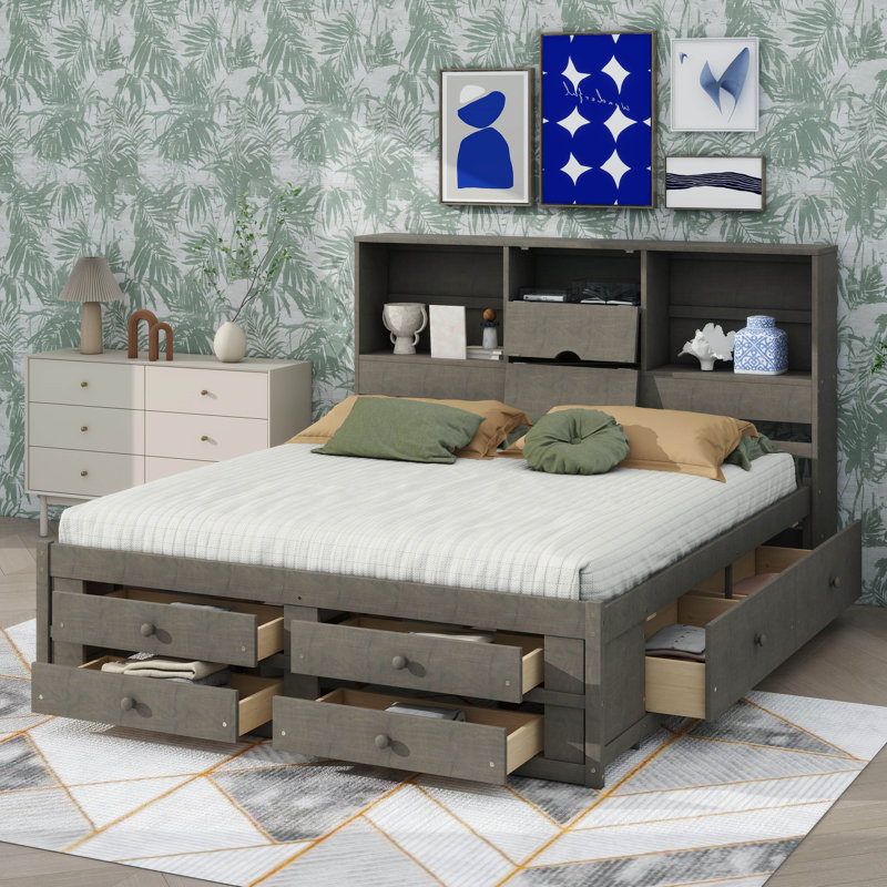 Très grand lit plateforme doté d'une tête de lit avec rangement et d'une configuration à 8 tiroirs, Très grand lit, Gris