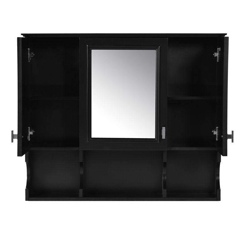 Armoire à pharmacie murale avec miroir et tablettes ouvertes, idéale pour le rangement et l'organisation de la salle de bain