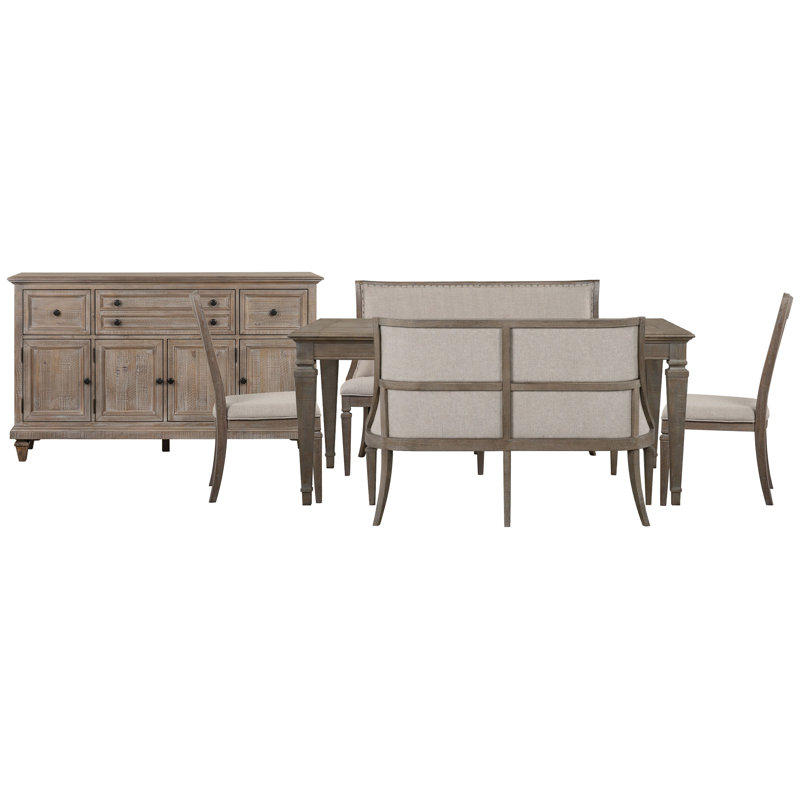 Extendable Rectangular Dining Table 2 Upholstered Benches And 2 Side Chairs And Buffet