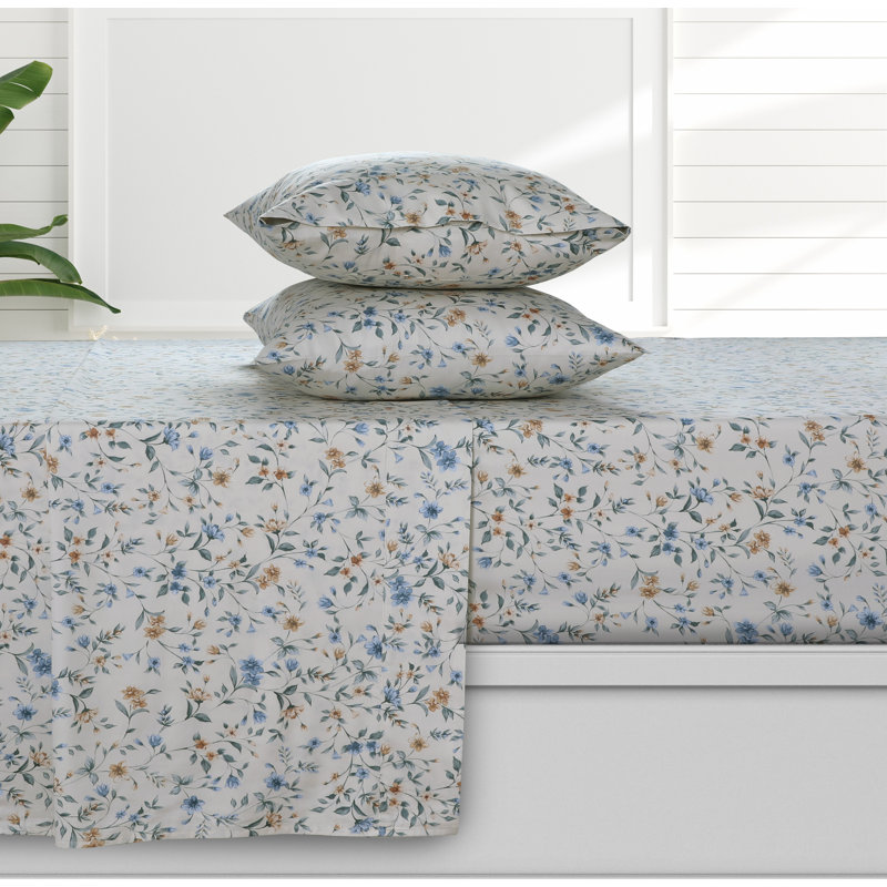 Sateen Floral Sheet Set, Twin XL Sheet Set + Fitted Sheet + Pillowcase, Cream