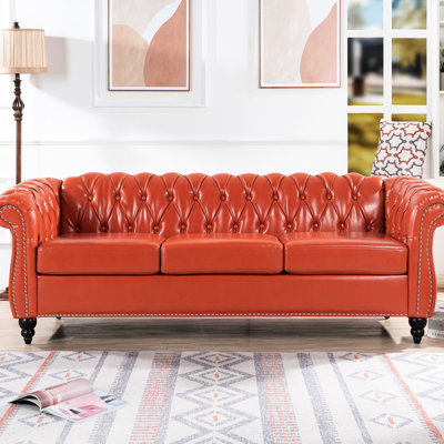 Fauteuil à roulettes 82,61 po à 3 places en cuir de polyuréthane orange avec boucles décalées et pieds scellés, boules tendues et profondes, bouleau avec couche de scellant