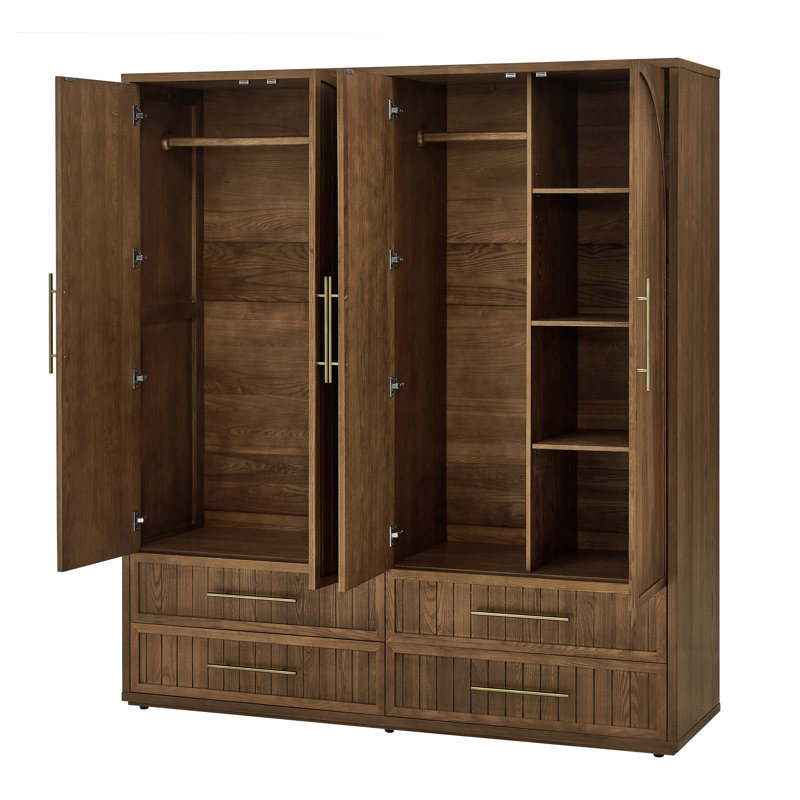 Armoire-penderie moderne en bois massif à 4 portes avec 4 tiroirs, garde-robe et étagères, chêne brun chaud, Warm Brown Oak