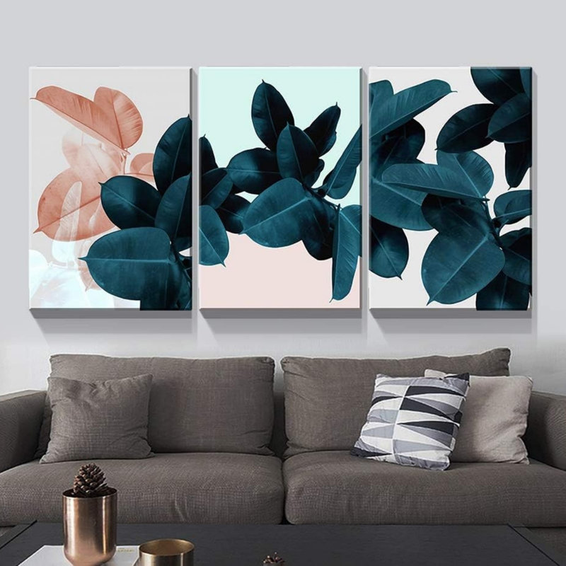 Feuille tropicale bicolore 12 x 16 pouces, art mural 3 pièces, impressions sur toile, pour passage d'entrée
