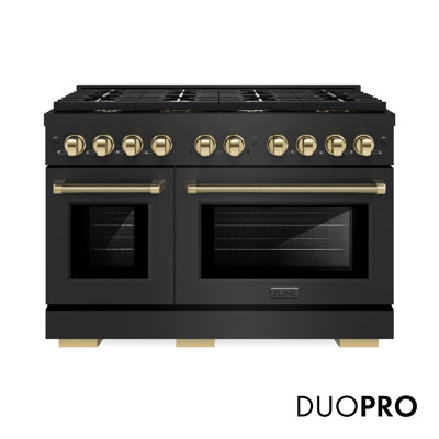 ZLINE Autograph 48 in. Paramount DuoPro Dual Fuel Range in Black Steel with Polished Gold Handles