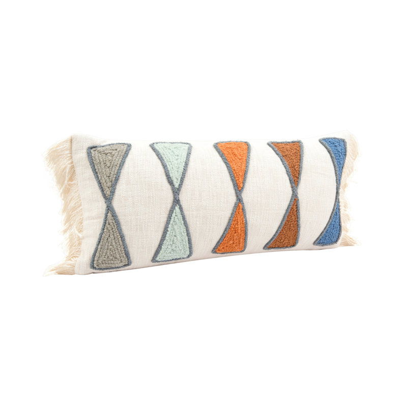 Coussin en coton avec broderie et frange, Vert / orange / bleu / brun / gris / crème