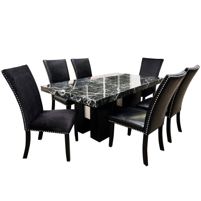 Table de salle à manger noire - plateau de table très épais, base à double piédestal, bois d'hévéa, design séduisant transitionnel avec plateau de table et base en bois d'hévéa
