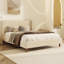 Lit plateforme tapissier moderne en velours beige avec tête de lit à oreilles et pieds en bois de noyer, sans sommier tapissier, très grand