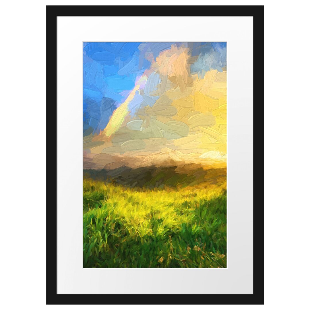 Gerahmtes Papierbild Berge mit Regenbogen am Himmel