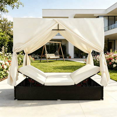 Modern PE Rattan Outdoor Double Chaise Lounge Daybed Sofa With Canopy & Privacy Curtains, 6-Position Adjustable With Cushions