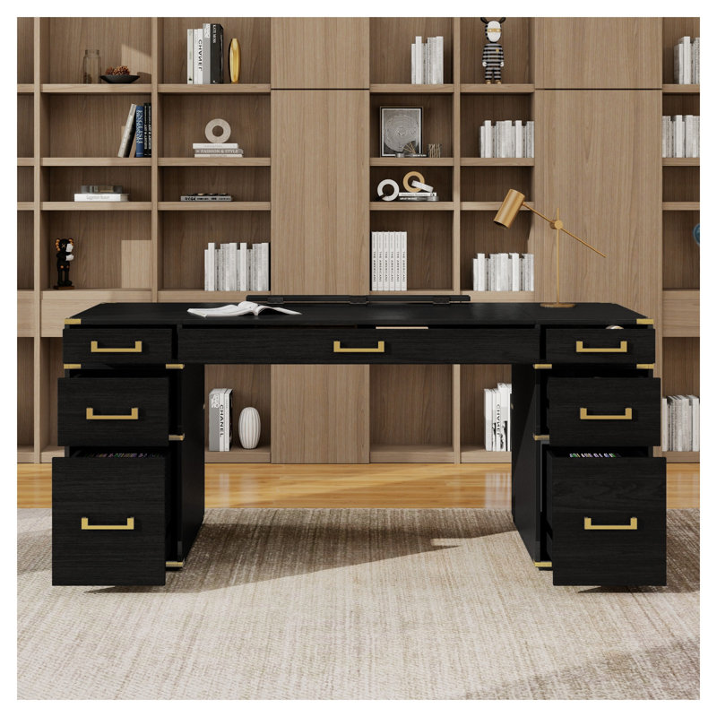 Bureau de direction 70 po avec bordure en métal, finition noire et dorée, grande surface d'écriture pour le bureau personnel