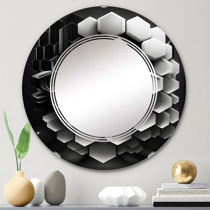 Parineeti - Abstrait géométrique noir et blanc I - Miroir mural géométrique moderne, 24 po x 24 po