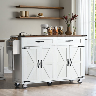 53.5''Farmhouse Kitchen Island With Power Outlet, Kitchen Storage Island With Drop Leaf, Spice Rack And Drawer, Rolling Kitchen Cart On Wheels, For Home, Kitchen And Dining Room