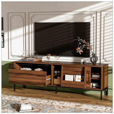 Modern TV Stand for TVs up to 75 Inches, Entertainment Center with Storage Space, Sliding Doors, Adjustable Shelves and Metal Frame, Mid Century Modern Media TV Console Table for Living Room