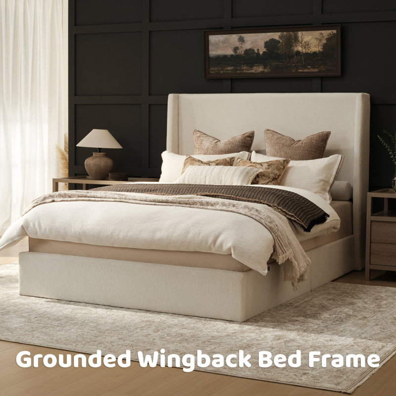  Queen Bed Frame With 53" Extra Tall Wingback Headboard, Luxury and Low Profile Grounded Upholstered Platform Bed, Heavy Duty Support, Noise-Free, Easy Assembly, No Box Spring Needed, Beige Chenille