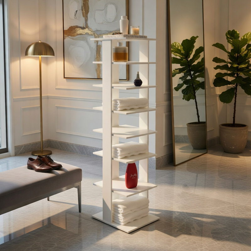 Étagère à chaussures en bois à 7 niveaux - Blanc, noir et brun rustique Support à chaussures en MDF pour le couloir, l'entrée et le patio - Étagère à chaussures verticale 11 po x 10,5 po x 43,5 po