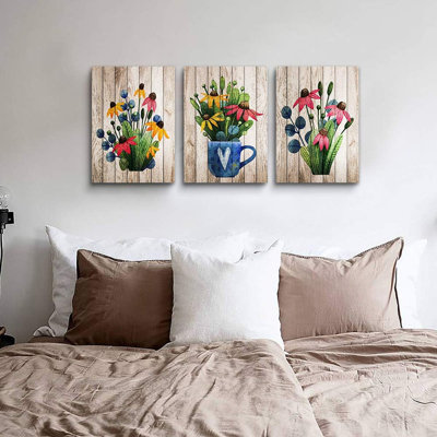 Wall Art for Kitchen Large Wall Decor for Living Room Bedroom Decorations Room Wall Decor 3 Pieces Framed Canvas print Artwork Modern Office Home Decor Vintage Wood Grain Flowers Painting